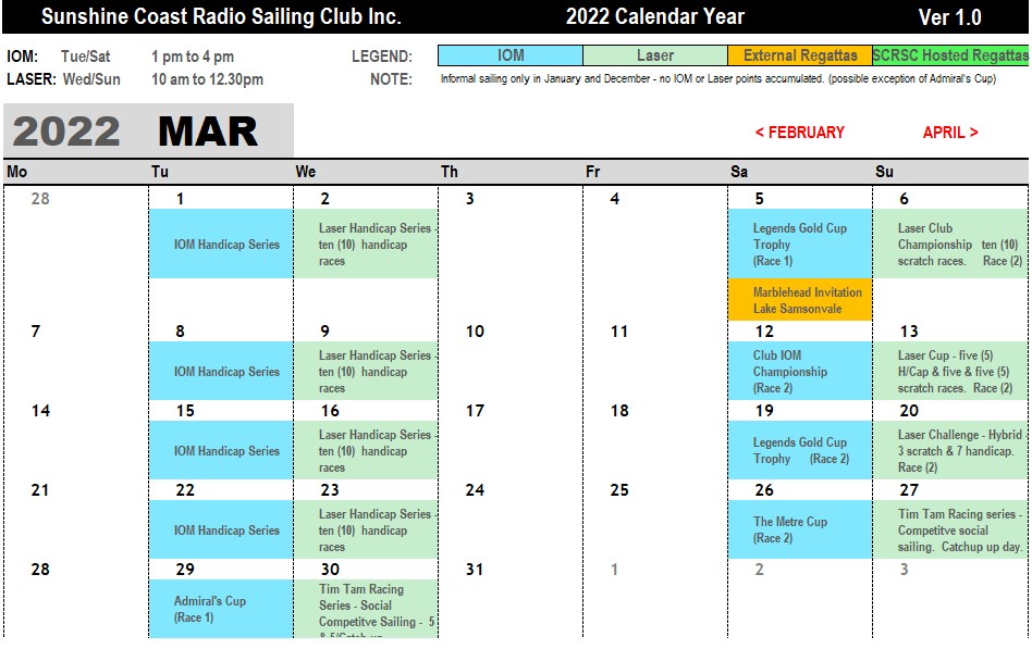 CLUB SAILING CALENDAR Sunshine Coast Radio Sailing Club